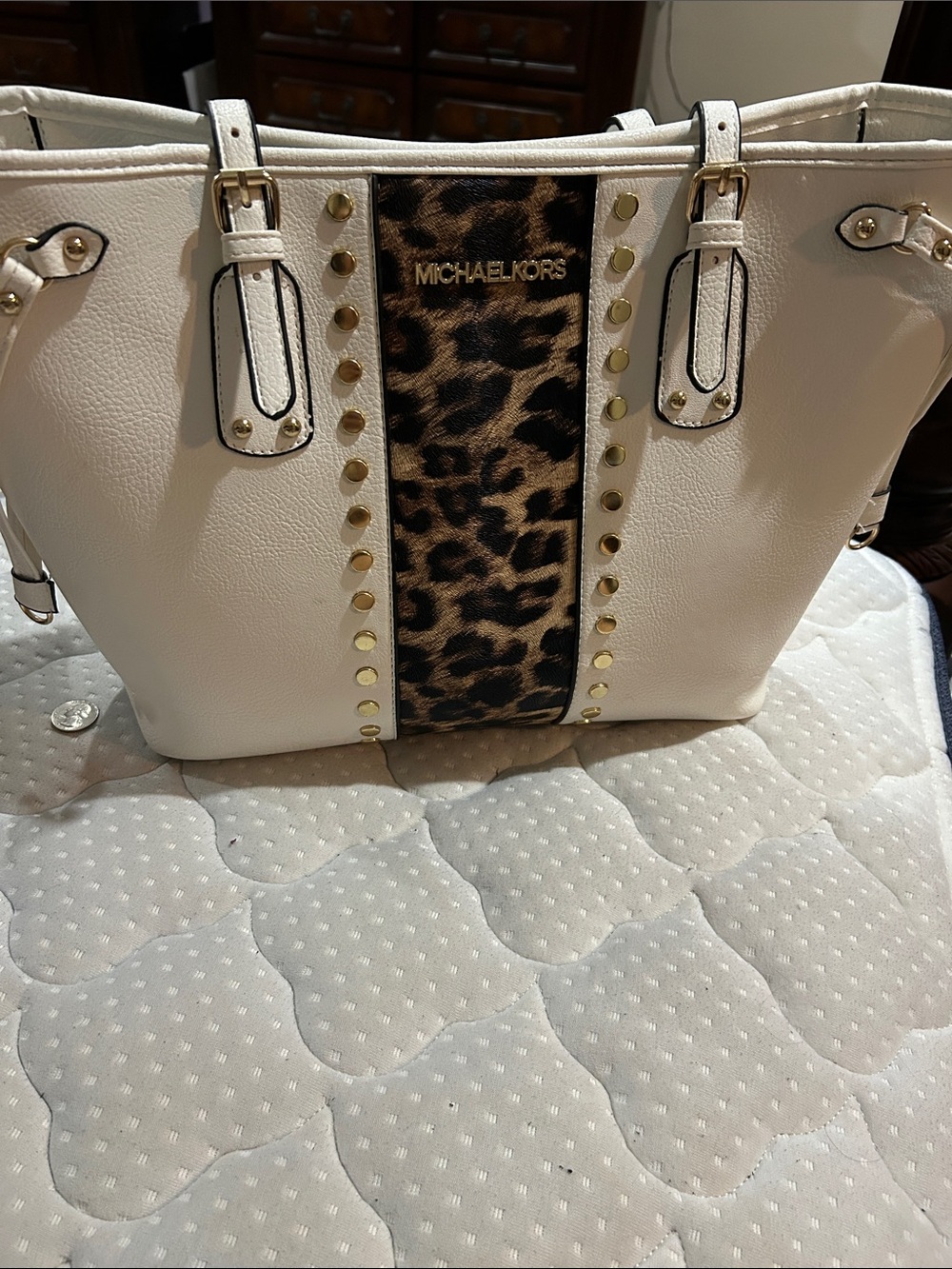 Michael Kors Cream Tote with Leopard Panel and Gold Studs